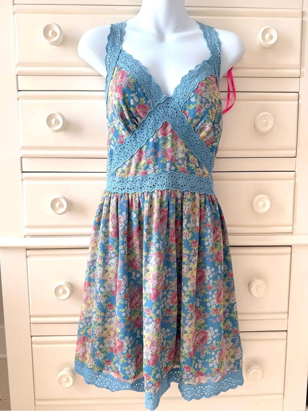 Betsey Johnson Dusty Blue Eyelet Lace Dress with matching cropped top